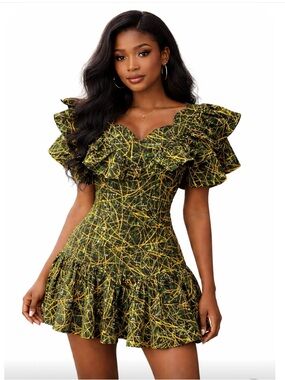 AFRICAN PRINT Green & Yellow Print Ruffled Mini Dress SIZE L